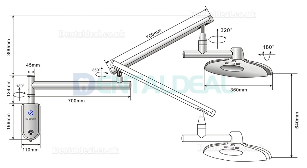 KWS KD-2012B-5 90W Wall-Mounted Dental Surgical Light Shadowless LED Exam Lamp